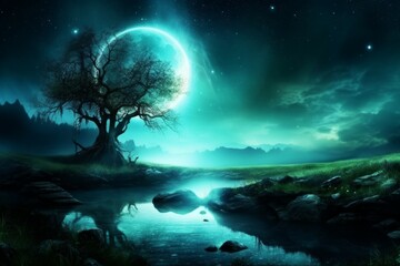 Wall Mural - Moon tree landscape. Generate AI