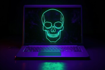 Poster - Neon laptop skull. Generate Ai