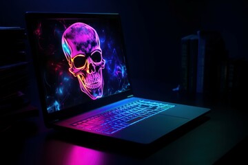 Poster - Neon laptop skull image. Generate Ai