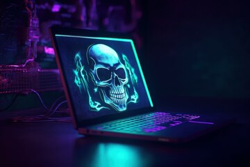 Poster - Neon laptop skull hacker. Generate Ai