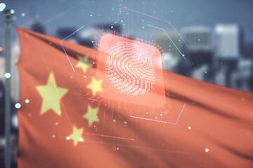Poster - Double exposure of virtual creative fingerprint hologram on Chinese flag and city background, protection of personal information concept