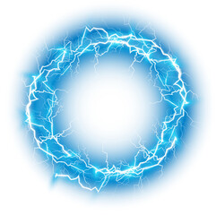 Blue Ball lightning on a transparent background. Abstract electric lightning strike. Light flash, thunder, spark. PNG.