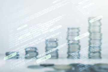 Poster - Multi exposure of abstract programming language hologram on growing coins stacks background, artificial intelligence and machine learning concept