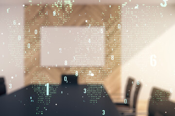 Poster - Multi exposure of abstract programming language hologram and world map on a modern furnished office interior background, artificial intelligence and neural networks concept