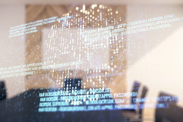 Aufkleber - Abstract virtual code skull illustration on a modern conference room background. Hacking and phishing concept. Multiexposure