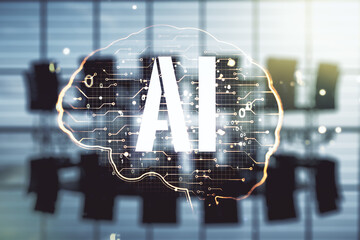 Poster - Double exposure of creative human brain microcircuit hologram on a modern boardroom background. Future technology and AI concept