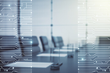 Aufkleber - Abstract virtual micro chip hologram on a modern coworking room background, artificial intelligence and machine learning concept. Multi exposure