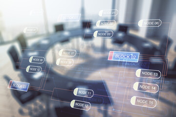 Poster - Multi exposure of abstract graphic coding sketch on a modern furnished classroom background, big data and networking concept