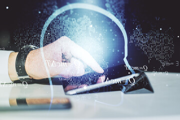 Poster - Creative artificial Intelligence concept with human head sketch and finger presses on a digital tablet on background. Double exposure