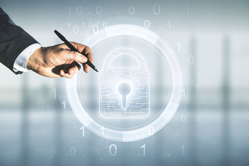 Poster - Man hand with pen draws virtual creative lock symbol and microcircuit illustration on blurred office background. Protection and firewall concept. Multiexposure