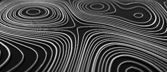 Fototapete - Abstract wave of many glowing particles. Topographic map lines background. Network of neon dots. Big data. Digital background. 3d rendering