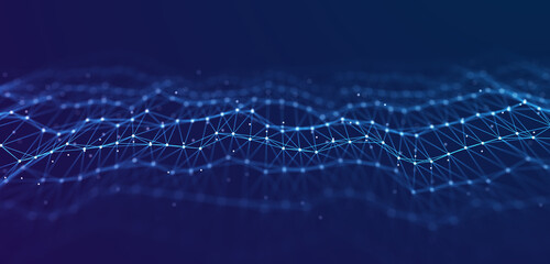 Fototapete - Network of bright connected dots and lines. Abstract dynamic wave of many points. Digital background. 3D rendering.