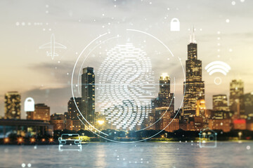 Aufkleber - Multi exposure of virtual fingerprint scan interface on Chicago office buildings background, digital access concept