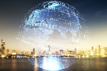 Poster - Double exposure of abstract programming language hologram and world map on Chicago city skyscrapers background, research and development concept
