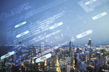 Poster - Abstract virtual coding concept and world map hologram on Chicago skyline background. Multiexposure