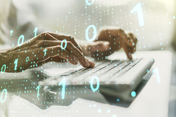 Aufkleber - Creative abstract binary code sketch and hands typing on computer keyboard on background, hacking and matrix concept. Multiexposure
