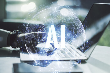 Poster - Creative artificial Intelligence symbol concept with hands typing on computer keyboard on background. Double exposure