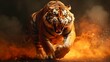 Fierce Tiger Jumping and Roaring with Chains and Flames in Red and Yellow Tones. Generative ai