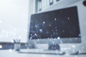 Aufkleber - Creative abstract technology sketch and modern desk with computer on background, future technology and AI concept. Double exposure