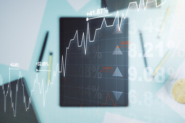 Aufkleber - Multi exposure of abstract creative financial chart and digital tablet on background, top view, research and analytics concept