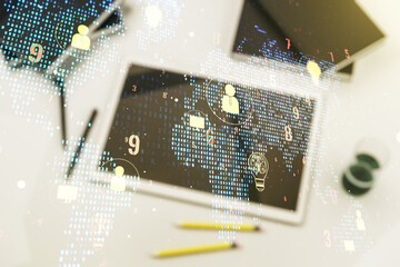 Poster - Double exposure of social network icons concept with world map and modern digital tablet on background. Networking concept