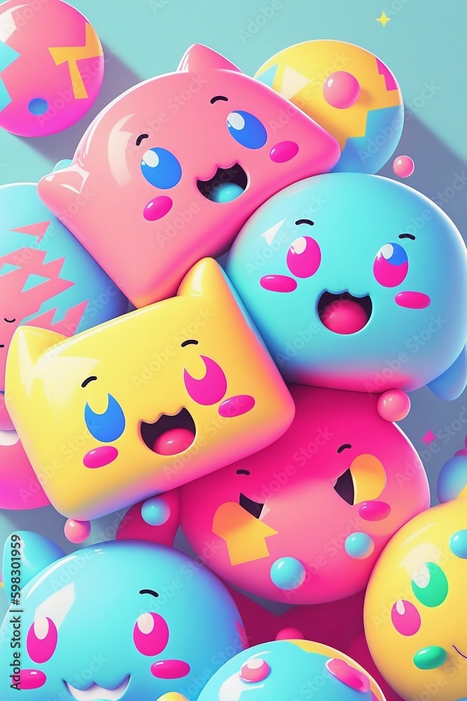 Kawaii Cute Happy Characters Illustration in Neon Pink, Blue, Yellow ...