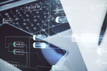 Poster - Double exposure of abstract programming language with world map on laptop background, research and development concept
