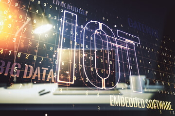 Poster - Creative IOT illustration on modern computer background, future technology concept. Multiexposure