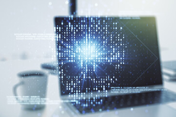 Poster - Double exposure of creative code skull hologram on laptop background. Malware and cyber crime concept