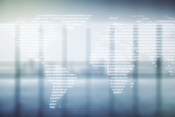 Fototapete - Abstract creative world map interface on empty corporate office background, international trading concept. Multiexposure