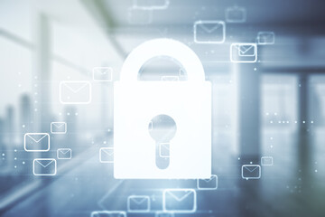 Poster - Abstract virtual lock illustration with postal envelopes on modern interior background, cyber security and email protection concept. Multiexposure
