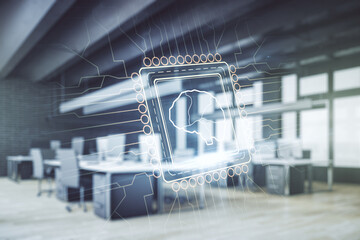 Aufkleber - Double exposure of creative human brain microcircuit hologram on a modern furnished office interior background. Future technology and AI concept