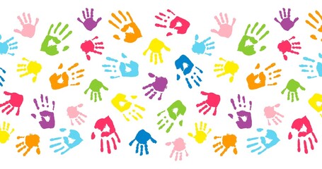 Multicolor different hand prints, background made from colorful handprints. Palms and fingers colored in rainbow colors. Multicolor pattern for your design.