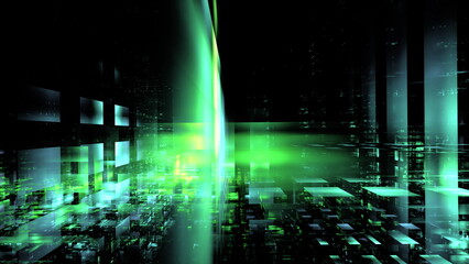 Poster - Modern digital technologies, cloud computing. Digital space, architecture design. Complex mathematical calculations in a digital environment, virtual space. 3d render