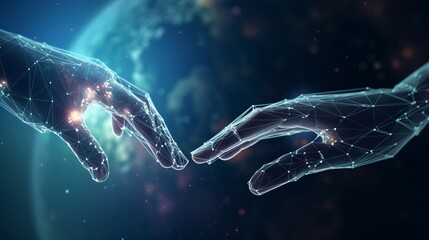 hands of robot and human touching on global virtual network connection future interface, hand of the person with the planet, Generative AI