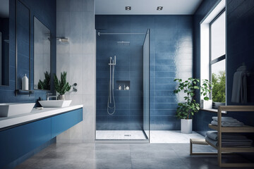  Modern bathroom, clean minimalistic interior design, light blue and white colors. Super photo realistic background, generative ai illustration.