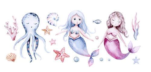 Wall Mural - Set of sea animals. Blue watercolor ocean fish, turtle, whale and coral. Shell aquarium mermaid submarine. Nautical dolphin marine illustration, jellyfish, starfish