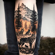 A pack of 6 wolves, timberland trees, Himalayas, dark clouds, and sunny sky, a tattoo