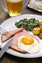 Wall Mural - Leberkäse with spinach, potatoes and fried egg, Austria and southern German dish