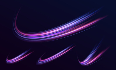 Wall Mural - Neon Color Blurred Motion On Speedway. Acceleration speed motion on night road. Panoramic high speed technology concept, light abstract background. Vector illustration.