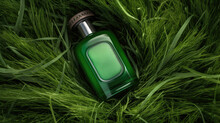 Bottle Of Energizing Fresh-Cut Grass Scent, Invigorating Aroma, Nature-inspired Fragrance, Generative AI Illustration