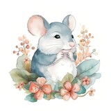 Fototapeta Pokój dzieciecy - Watercolor image of cute mouse with flowers. Generated ai.