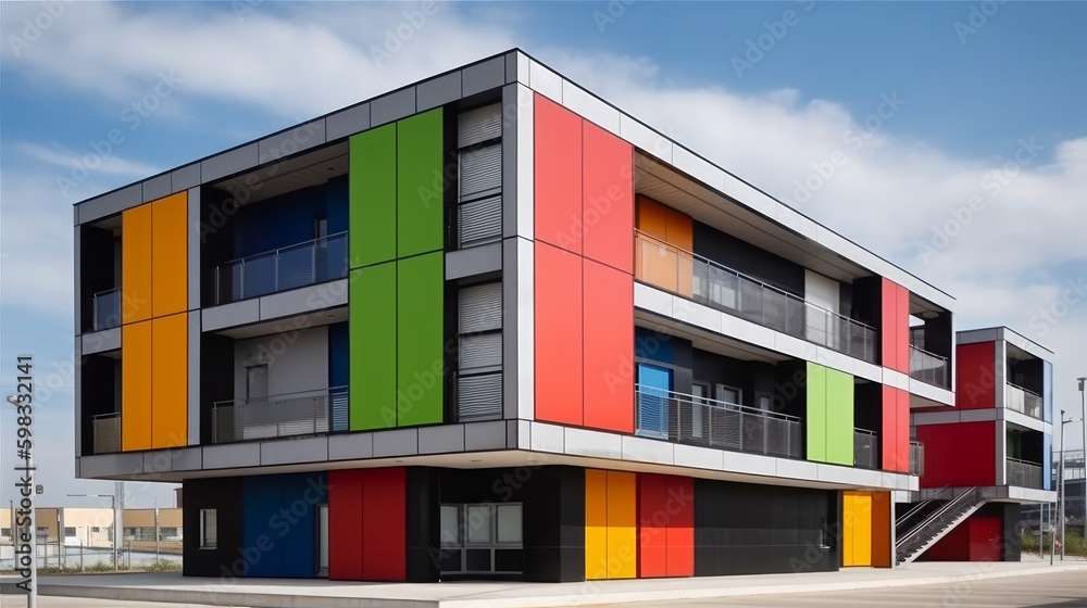 The use of clean, straight lines and limited color palette building ...