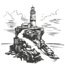 Lighthouse And Sea Landscape Hand Drawn Vector Illustration Realistic Sketch