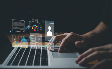 Wall Mural - young entrepreneur using big data analysis and cloud technology to collect customer data and display