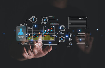 Wall Mural - young entrepreneur using big data analysis and cloud technology to collect customer data and display