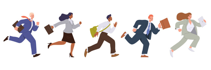Set of business people or office worker characters running fast, rushing and hurrying to goal Generative AI