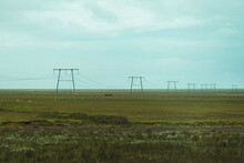 Wooden Utility Pole Or Electric Pole With Wire Cable On Agriculture Area In Rural On Summer At Iceland
