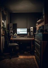 Professional recording booth with synthesizers studio monitors and recording equipment