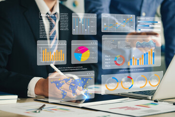 Fototapete - the analyst works on a laptop showing data business analysis and data management system with kpi and